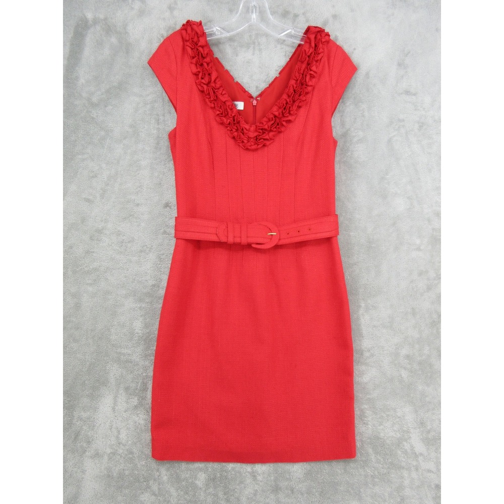 Kay Unger Dress Womens Size 6 Belted Sheath Ruffle Ruffle Neckline Lined Zip Red